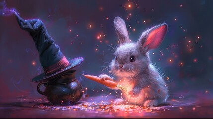 A rabbit in a magician's hat, pulling a carrot out of the hat, on a solid purple background.
