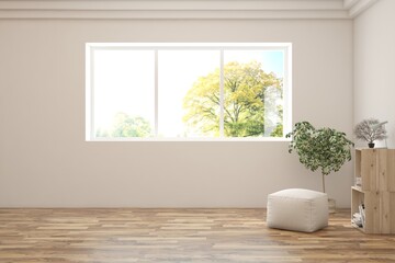 White empty room with summer landscape in window. Scandinavian interior design. 3D illustration
