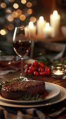 Romantic dinner setting, elegant tableware, candlelight, wine glasses, close-up of succulent steak, cozy ambiance