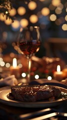 Romantic dinner setting, elegant tableware, candlelight, wine glasses, close-up of succulent steak, cozy ambiance
