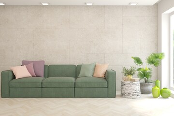 White living room with sofa. Scandinavian interior design. 3D illustration