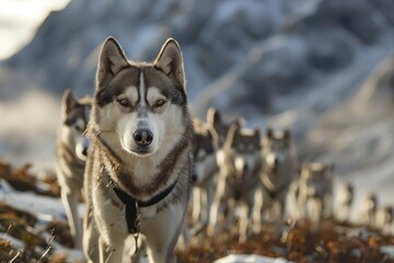 Siberian Husky leading a pack on a hike, mountainous background, leader of the pack vibe, inspiring adventure