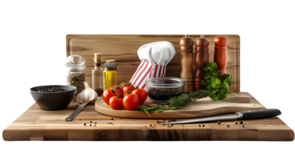 Chef's Cooking Station with Chef's Hat and Utensils for Culinary Creations, Isolated on White, Transparent Background, PNG File, Hand Edited Generative AI
