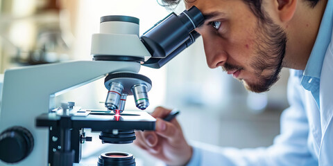 A scientist meticulously works at a microscope, their eyes filled with wonder as they explore the tiny worlds hidden within a drop of water