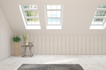 White empty room with summer landscape in window. Scandinavian interior design. 3D illustration