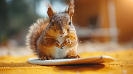  A squirrel wearing aviator sunglasses, holding a tiny surfboard, on a bright yellow background.