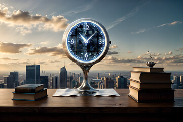 The Flow of Time: Books and Clock in Urban Dusk