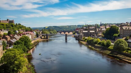 A picturesque river meanders through a charming town with historic buildings, bridges, and a scenic vibe.