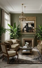 Fototapeta premium Stylish professional photograph of a dark green and brass luxury living room interior with velvet furniture and tropical plants