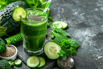 Fototapeta premium Word detox is made from chia seeds. Green smoothies and ingredients. Concept of diet, cleansing the body, healthy eating, with writing “ DETOX “ 