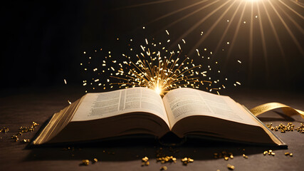  Open book with sparkling lights, creating an atmosphere of magic and mystery. AI generated image .