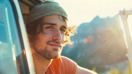 Close-up young man traveler in sunglasses standing near car in the sun