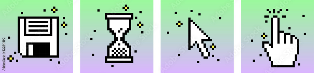 Poster hand click cursor, diskette, pointer icon. set of pixels elements. y2k trendy stickers. mood of 90's