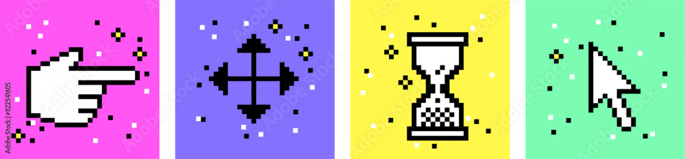 Fototapete Set of pixel art elements. Hand click cursor. Pointer icon. UI. Y2k trendy stickers. Simple forms, symbols. Mood of 90's aesthetics. 8-bit retro style vector illustration. Neon colorful background