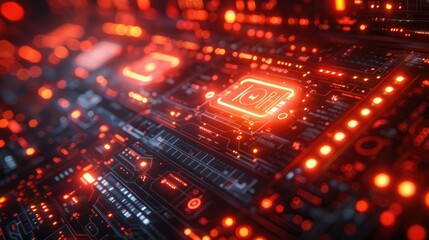 Obraz premium An advanced firewall interface with glowing red and orange icons, on a solid red background.