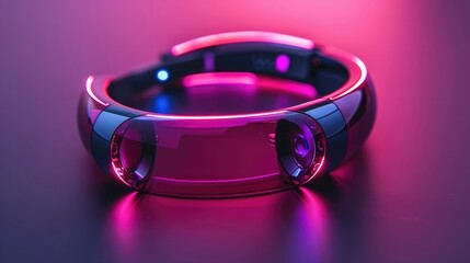 A wearable security device with biometric scanning and GPS tracking, on a solid magenta background.