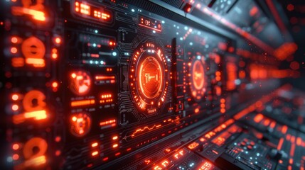 Fototapeta premium An advanced firewall interface with glowing red and orange icons, on a solid red background.