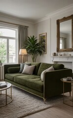 Stylish professional photograph of a dark green and brass luxury living room interior with velvet furniture and tropical plants