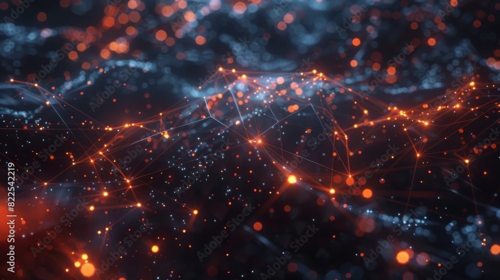 Aufkleber a complex network of glowing red and blue nodes connected by lines, resembling a digital or neural n