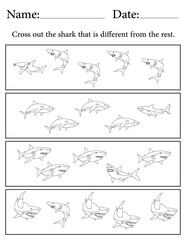 Shark Puzzle. Printable Activity Page for Kids. Educational Resources for School for Kids. Kids Activity Worksheet. Find the Different Object