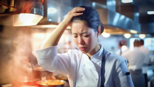 A distressed chef holds her head in a busy commercial kitchen filled with steam and movement, symbolizing stress, pressure, and the hectic nature of professional cooking.