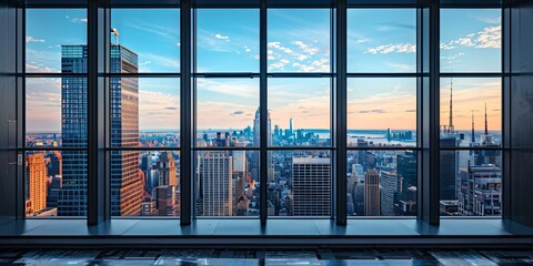 Manhattan Cityscape Business Background Through Office Window, Concepts of Commerce and Technology, Corporate Office Building