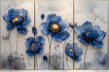 panel wall art, violet and golden marble background with tulip flower designs