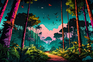A comic-style jungle scene with neon-colored foliage, mysterious ruins, and hidden treasures vector art illustration generative AI image.
