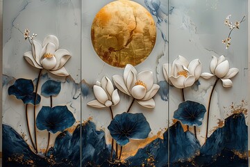 three panel wall art, white marble background with white golden tulip flowers designs, with golden round circle