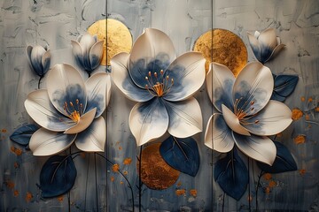 three panel wall art, white marble background with white golden tulip flowers designs, with golden round circle