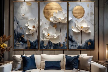 three panel wall art, white marble background with white golden tulip flowers designs, with golden round circle