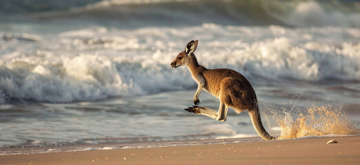 Kangaroo jumping mid air on sand near the surf on the beach. Generative Ai