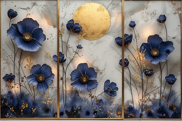 panel wall art, violet and golden marble background with tulip flower designs