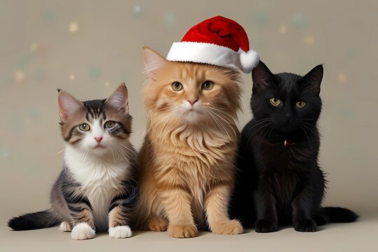 Group dog and cat and kitens wearing a santa hat
