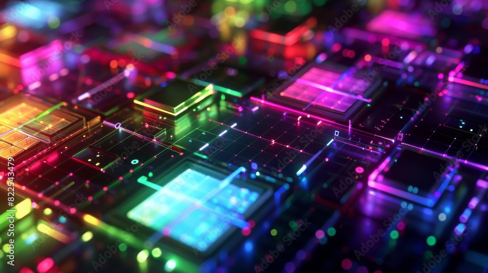 Poster a vibrant, high-resolution close-up of an electronic circuit board with various glowing microchips i