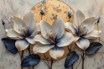 three panel wall art, white marble background with white golden tulip flowers designs, with golden round circle
