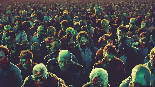 zombie crowd walking at night, halloween concept. AI generated image, ai.