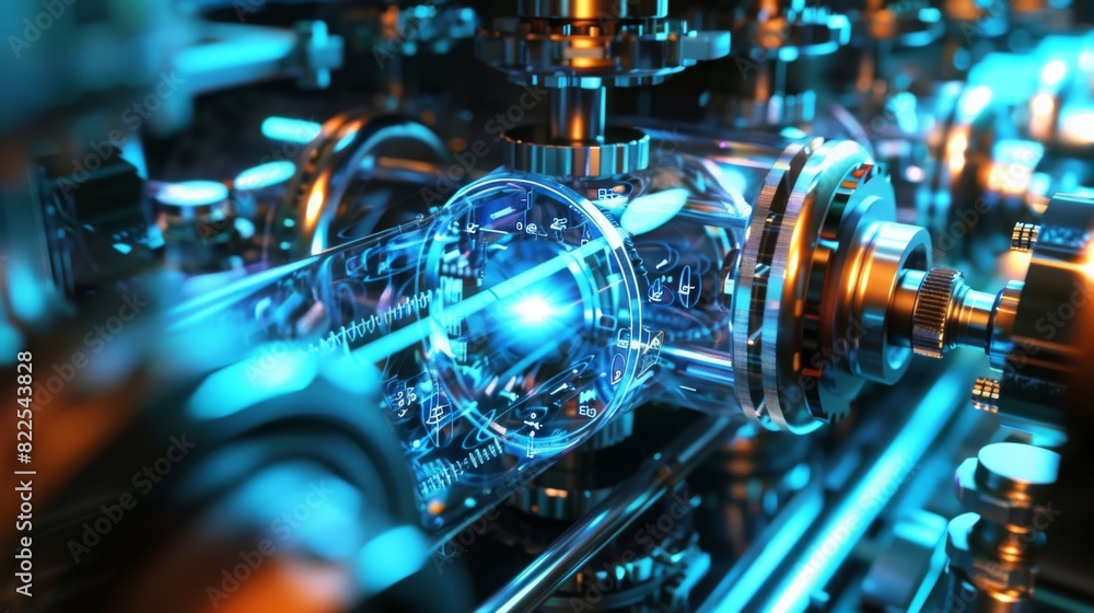 Poster a detailed view of quantum computing hardware showcasing intricate circuits and components illuminat