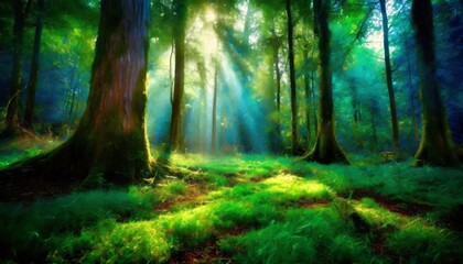 A tranquil forest clearing, sunlight filtering through the canopy onto a carpet of emerald-green grass.