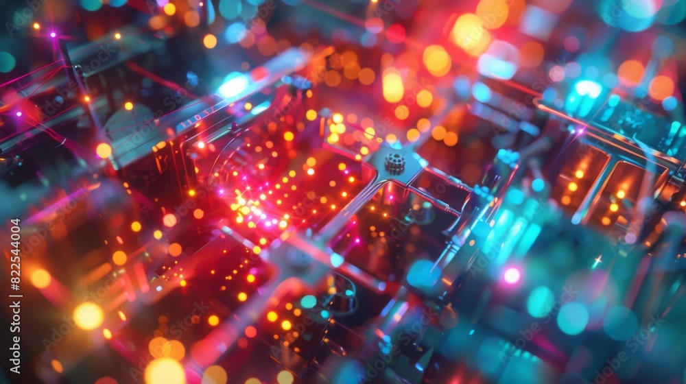 Poster a close-up of an illuminated circuit board with vibrant, multicolored lights in a technology lab dur