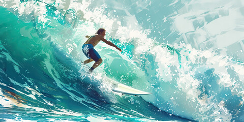 Riding the Wave of Adventure: A fearless surfer glides effortlessly atop a gleaming surfboard, leaving a trail of churned-up water in their wake