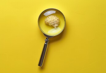 Magnifying glass with brain icon on yellow background 