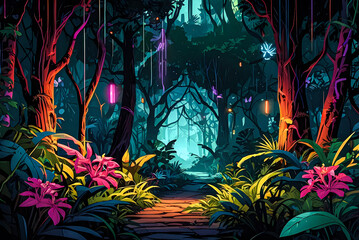 A comic-style jungle scene with neon-colored insects buzzing around colorful flowers and plants vector art illustration generative AI image.
