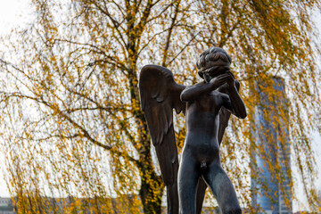 Statue of a weeping angel on the Island of Tears dedicated to Belarusian soldiers who died in...