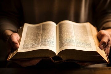 Naklejka premium Close-up of a person holding an open book, illuminated from behind with a warm glow