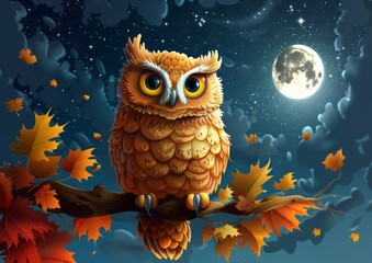 Obraz premium Majestic Owl Perched on Tree Branch Under Moonlit Night Sky with Autumn Leaves, Showcasing Stunning Night and Wildlife Art