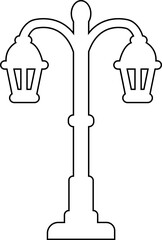 street light lamps and spotlights line icon. Old and modern street lamp black silhouette city vintage glowing in darkness road in dusk vector isolated on transparent background