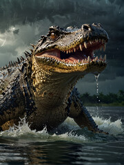 Obraz premium An angry crocodile leaps out of murky water, against a dark rainy sky