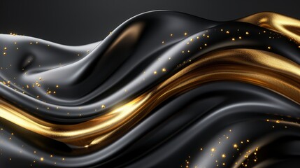  A black and gold wavy background, adorned with gold sparkles at its base; beneath, a black backdrop featuring a golden starry array at the waves' bottom