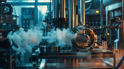A technologically advanced laboratory showcasing complex machinery and automated experiments, emitting blue ambient lighting and vapors in a controlled